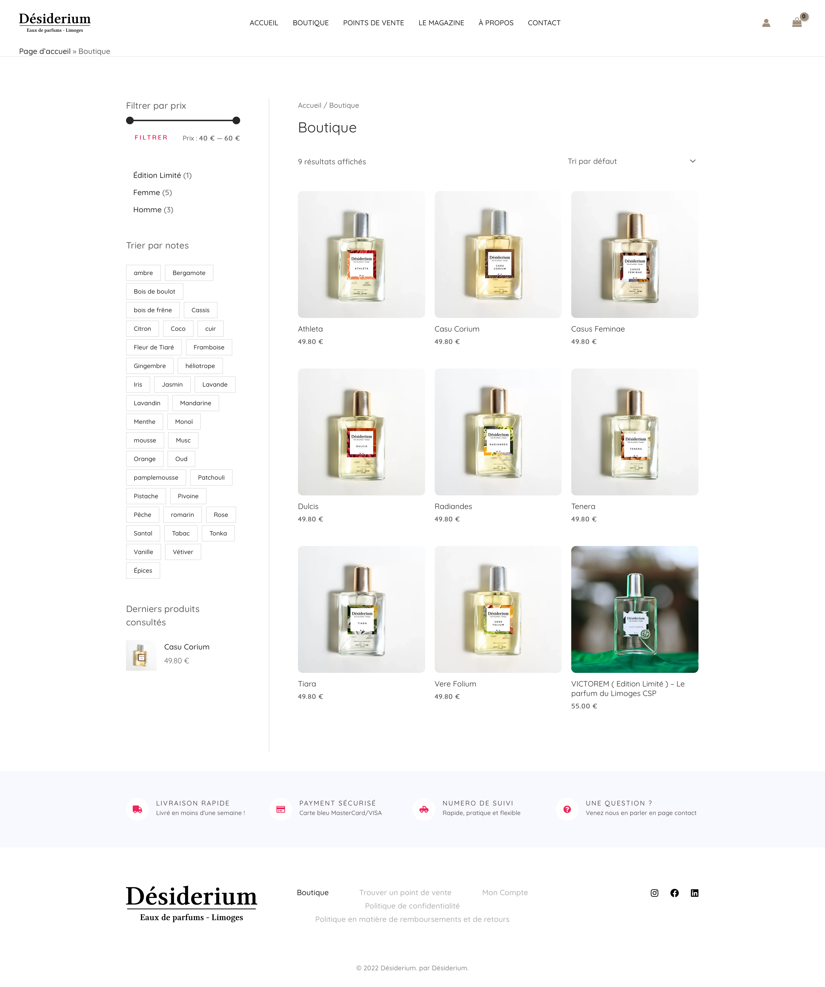 site desiderium capture ecran page boutique